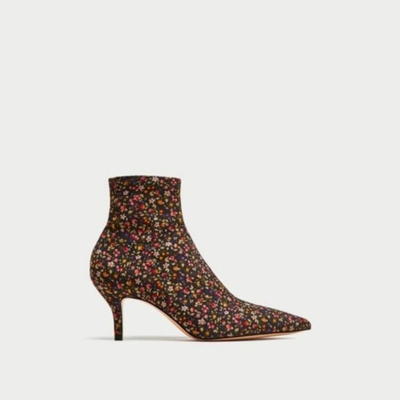 Zara Floral Kitten Heel Sock Booties - Picture 2 of 8